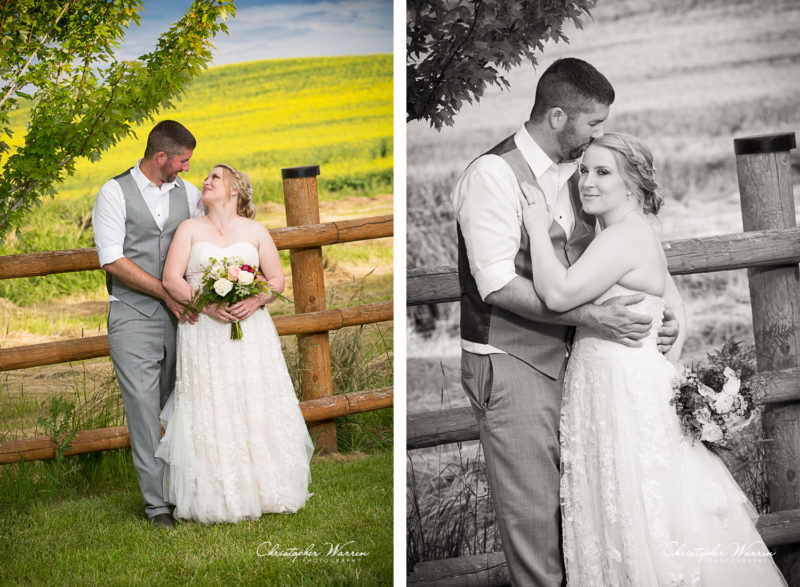 bride and groom portraits by fence