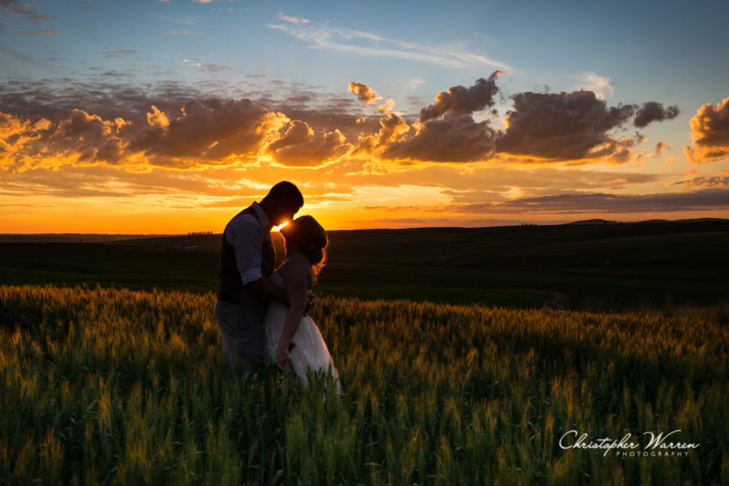 bride and groom kissing sunset silhouette 