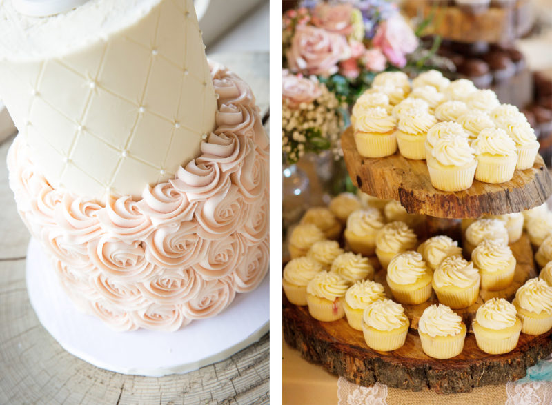 wedding cake and cupcakes